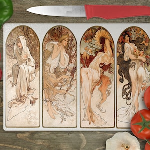 Alphonse Maria Mucha&#39;s The Seasons (1897) Rectangular Glass Cuttingboard, Aesthetic Kitchen Decor