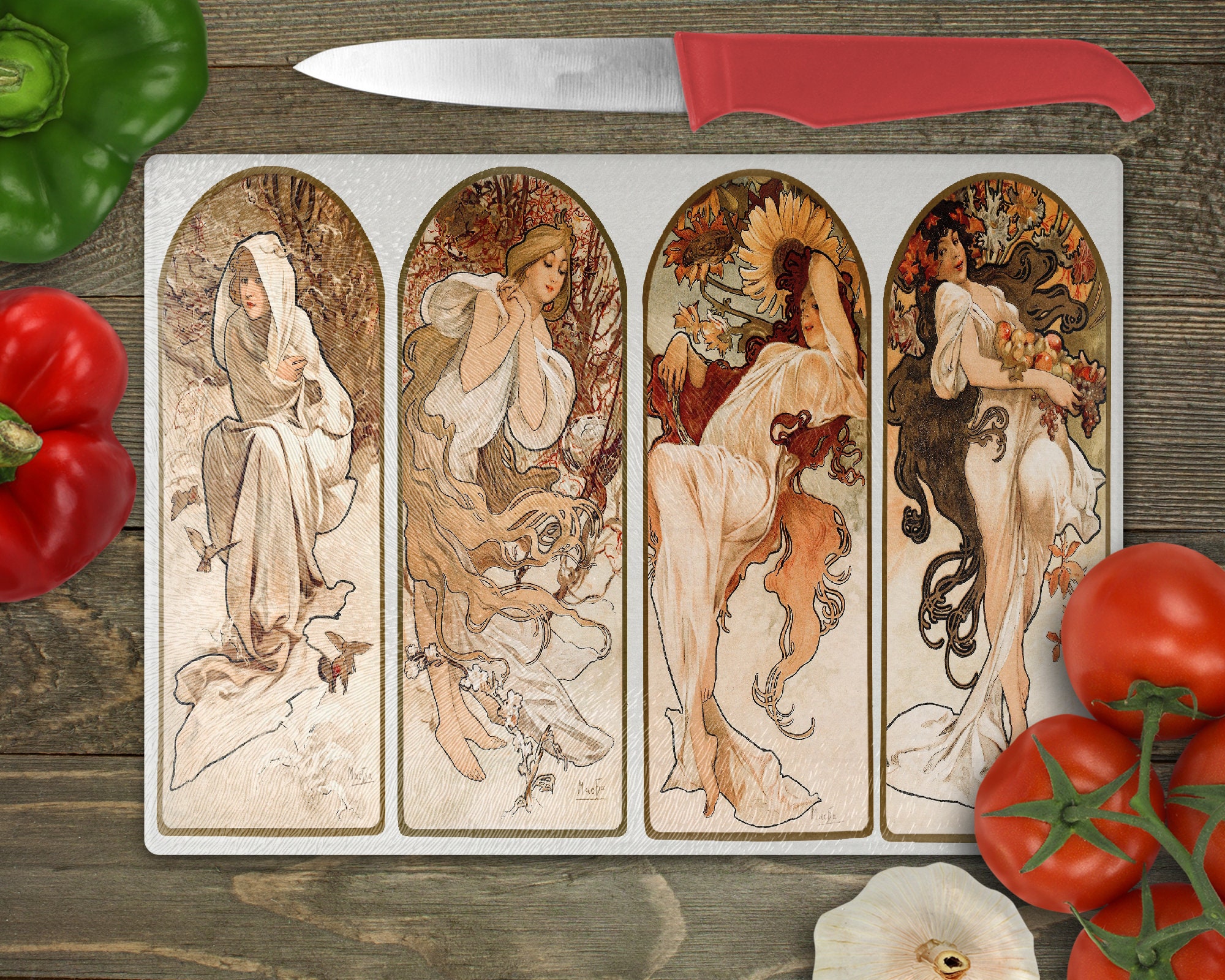 Alphonse Maria Mucha's The Seasons (1897) Rectangular Glass Cuttingboard, Aesthetic Kitchen Decor