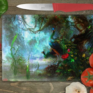 Peacocks Rectangular Glass Cuttingboard, Aesthetic Kitchen Decor