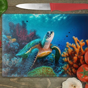 Large Sea Turtle Maldives Ocean Rectangular Glass Cuttingboard, Aesthetic Kitchen Decor