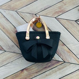 Barbie Doll Handbag Miniature Fashion Accessory Gold Happy Face Charm Designer Clutch Purse 12 Inch Doll Compatible Premium Quality Accessories Luxury Gold Handle Accent Dollhouse Collectible Toy Fashion Doll Display 1/6 Scale