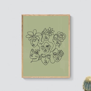 Sage green floral women portrait poster, women line art print, minimalist women portrait, sage green women abstract art print, women poster