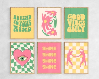 Funky wall arts set of 6, preppy art prints, groovy art posters, cute quirky wall set, retro y2k printable arts, vibrant dorm room decor