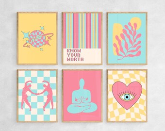 Preppy wall arts set of 6, groovy art prints, funky art posters, cute quirky wall set, retro y2k printable arts, girly dorm room decor