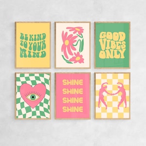 Funky wall arts set of 6, preppy art prints, groovy art posters, cute quirky wall set, retro y2k printable arts, vibrant dorm room decor