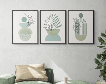 Sage green boho wall arts, set of 3, green abstract art posters, green bohemian gallery set, abstract floral art prints, boho botanical arts
