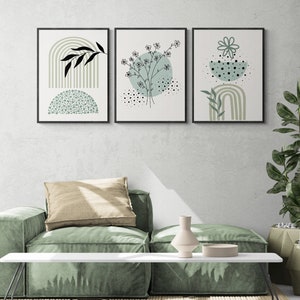 Artes de pared boho verde salvia, conjunto de 3, carteles de arte abstracto verde, conjunto de galería boho verde, estampados de arte floral abstracto, artes botánicas boho