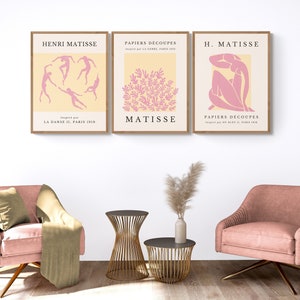 Pastel pink and yellow Matisse prints , set of 3 abstract arts, pink mid-century wall set, pastel abstract arts, modern feminine home decor