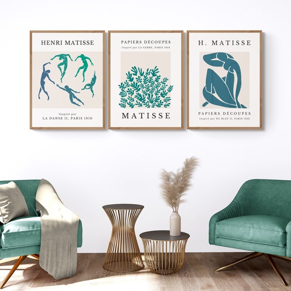 Teal green Matisse prints set of 3, modern wall arts, mid-century art posters, trendy teal gallery wall set, dark green printable wall arts