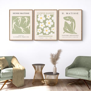 Sage green Matisse print & sage green flower market print, set of 3 green abstract arts, sage green mid-century wall set, modern home decor