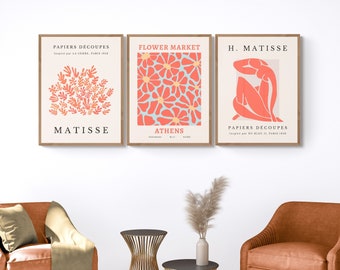 Orange Matisse prints & orange flower market print, set of 3 orange abstract art, vibrant orange mid-century gallery set, modern home decor
