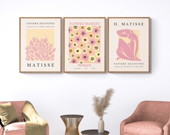 Pastel Matisse prints & pink flower market print, set of 3 pink mid-century gallery wall set, feminine abstract art, modern wall decor