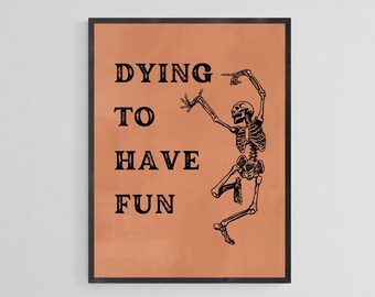 Funky Halloween wall art, dancing raving skeleton art, funny Halloween skeleton print, burnt orange Halloween poster, Halloween home decor