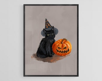 Cute Halloween black cat print, cute spooky Halloween wall art, spooky Halloween poster, vintage Halloween party decor, Halloween home decor