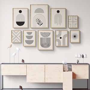 Impresiones de arte abstracto boho negro, conjunto de 9, carteles de arte abstracto minimalista, conjunto de pared de galería boho en blanco y negro, artes geométricas minimalistas