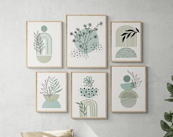 Sage green boho wall arts set of 6, green abstract art posters, green bohemian gallery set, abstract floral art prints, boho botanical arts