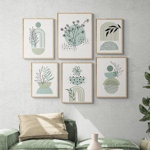 Sage Green Boho Wall Arts Set of 6, Green Abstract Art Posters, Green ...