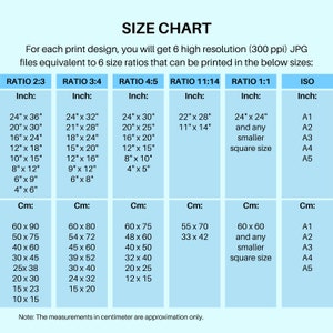 May include: A size chart for printed designs, showing different aspect ratios and corresponding dimensions in inches and centimeters. The chart includes standard paper sizes like A1, A2, A3, A4, and A5.