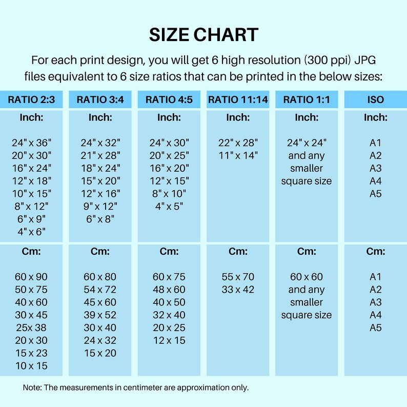 May include: A size chart for printed designs, showing different aspect ratios and corresponding dimensions in inches and centimeters. The chart includes standard paper sizes like A1, A2, A3, A4, and A5.