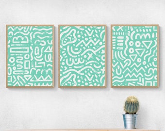Mintturkos modern abstrakt väggkonst, set med 3 aquagröna posters, ljusturkosa moderna konsttryck, ljusblågrön abstrakt konstset