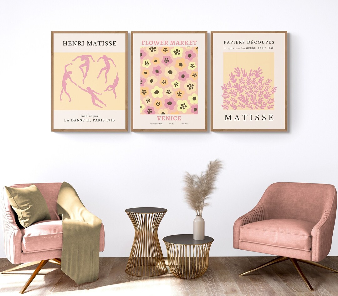 Pink Matisse Print & Pastel Flower Market Print, Set of 3 Pink Mid ...