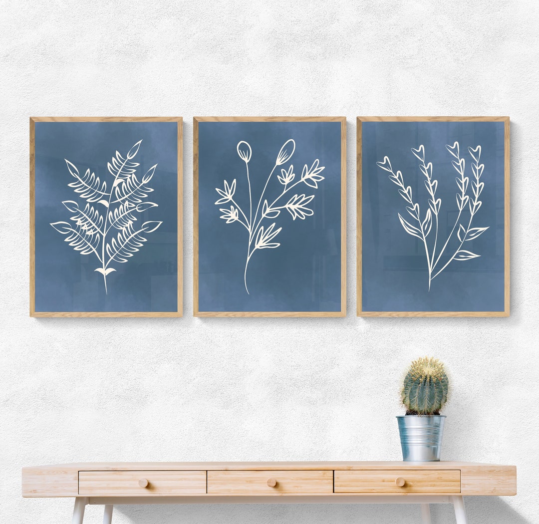 Minimalist Botanical Prints Set of 3, Light Navy Blue Botanical Posters ...