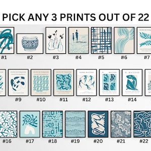 Set of 3 teal abstract wall arts, modern teal abstract posters, teal Matisse prints, teal green floral art prints, abstract botanical arts