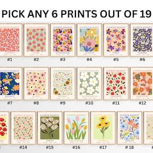 Flower market print set of 6, floral wall arts, botanical poster, flower gallery wall set, city flower market arts, colorful flower posters