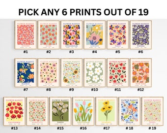 Flower market print set of 6, floral wall arts, botanical poster, flower gallery wall set, city flower market arts, colorful flower posters