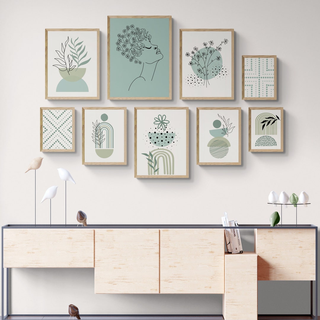 Sage Green Boho Wall Arts Set of 9, Green Abstract Art Posters, Green ...