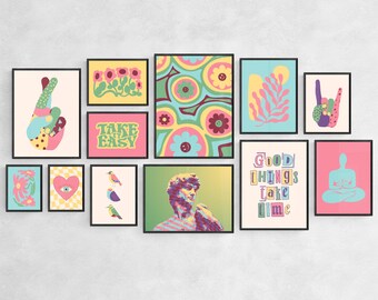 Preppy art prints set of 12, funky printable arts, colorful groovy art posters, quirky gallery wall arts, modern groovy dorm room wall decor