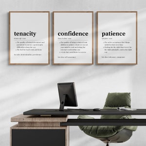 May include: Three framed prints with black frames and white backgrounds. Each print features a word in bold, followed by its definition and the phrase "See also:" followed by a list of related words. The words are "tenacity", "confidence", and "patience".