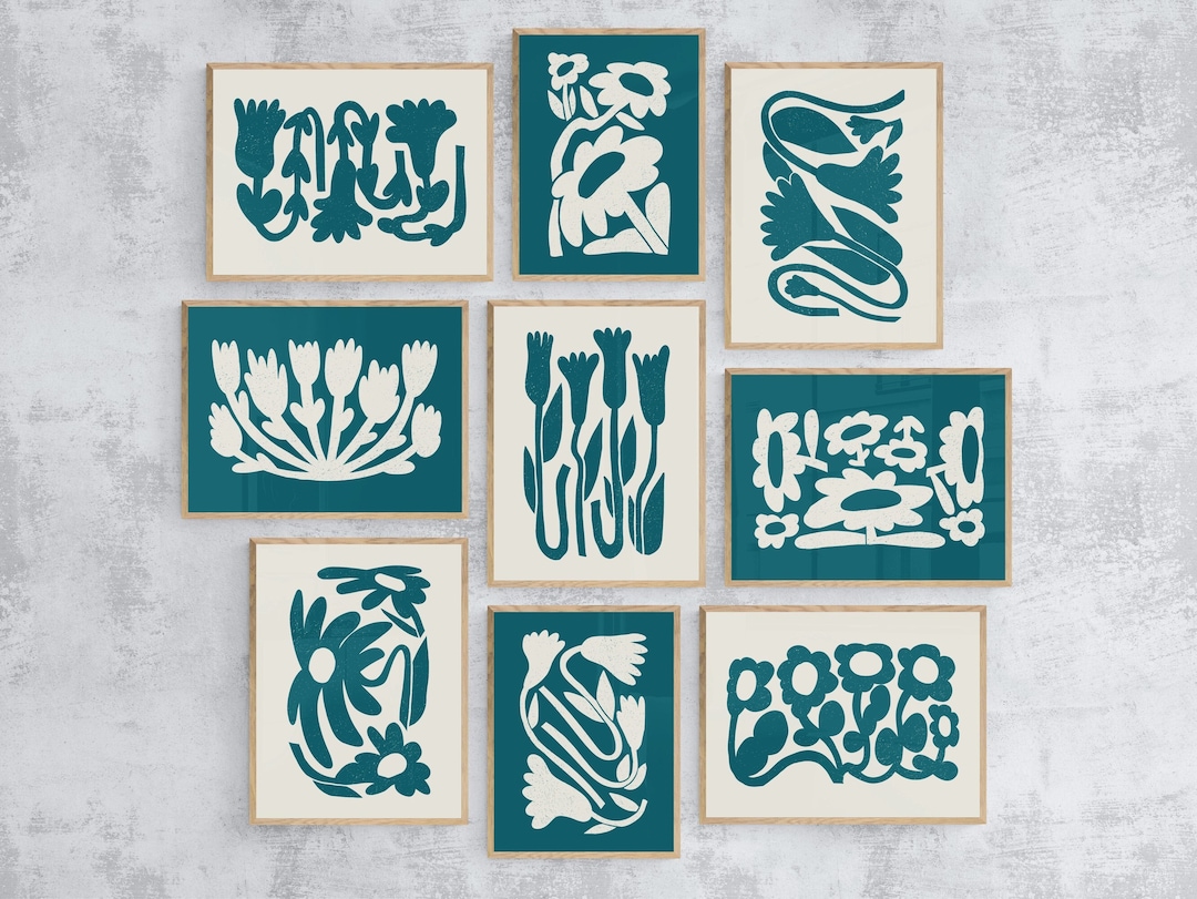 Teal Green Flower Wall Arts, Set of 9 Floral Prints, Teal Modern Art ...