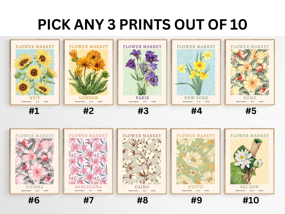 Flower Market Print Set of 3, Floral Wall Arts, Botanical Poster ...