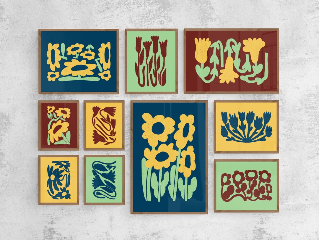 Bold Floral Wall Arts, Set of 10 Modern Funky Flower Posters, Colorful Funky Wall Set, Vibrant