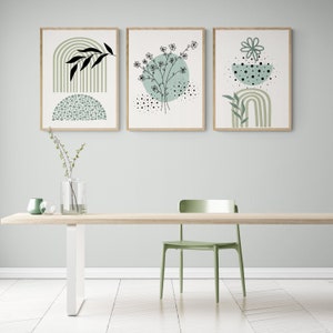 Sage Green Boho Wall Arts, Set of 3, Green Abstract Art Posters, Green ...