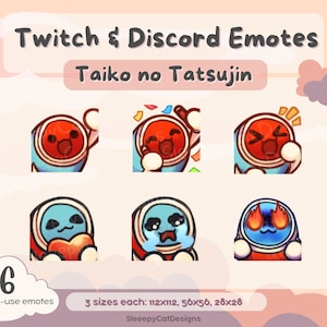 May include: Six animated emotes featuring a red and blue character with a drum. The character is shown in different expressions, including happy, surprised, and sad. The text "Twitch & Discord Emotes" and "Taiko no Tatsujin" is displayed above the emotes. The text "6 ready-to-use emotes" and "3 sizes each: 112x112, 56x56, 28x28" is displayed below the emotes.