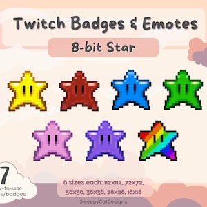 Puede incluir: Colección de siete emoticonos de estrellas de 8 bits en varios colores: amarillo, rojo, azul, verde, rosa, morado y arcoíris. La imagen incluye el texto "Twitch Badges & Emotes" y "8-bit Star". Cada estrella está disponible en seis tamaños, de 18x18 a 112x112 píxeles.