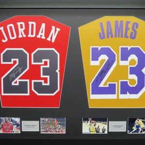 Jordan and James Chicago Bulls and LA Lakers signed Jersey Display