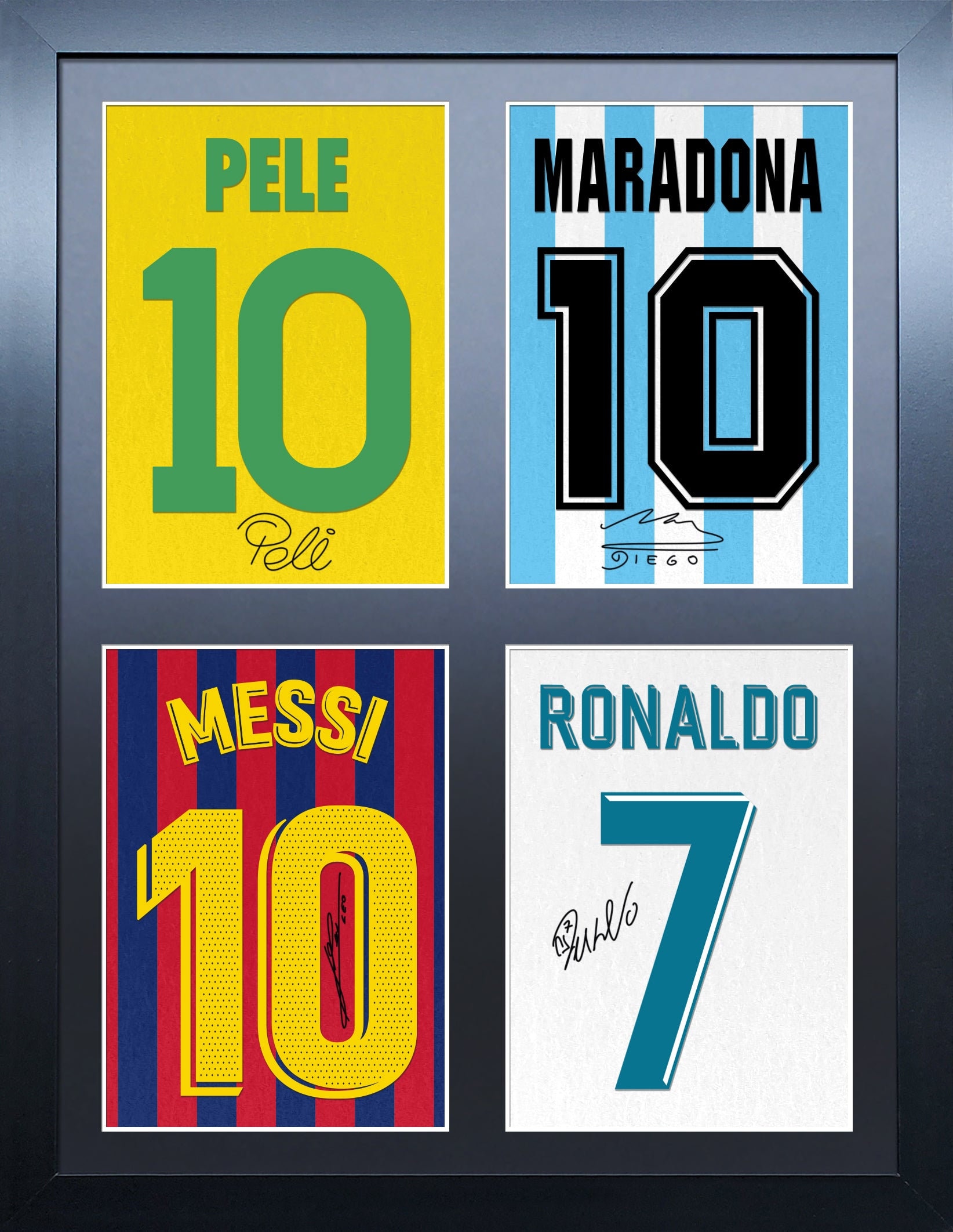 Pele Maradona Messi and Ronaldo Machine Signed Shirt Frame 