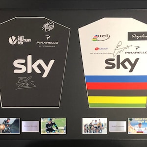 Bradley Wiggins and Mark Cavendish Team Sky and Rainbow signed double jersey display