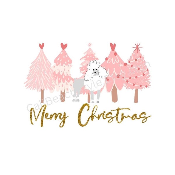 Christmas Poodle SVG - Merry Christmas - White Poodle in Front of Pink Christmas Trees - Digital Download