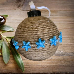 Hand-Wrapped Jute Christmas Ornament - 5.5 Inch with Blue Starfish and Clear Bead Accents - Coastal Holiday Decor