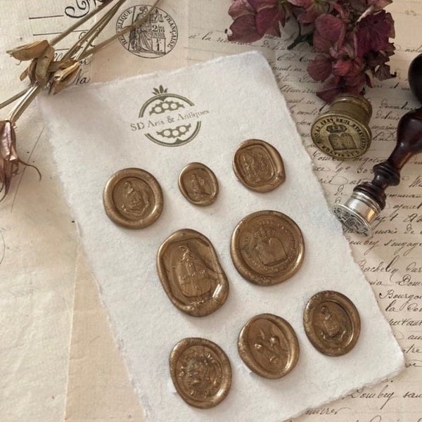 Antique Heraldic Wax Seal Sticker Set - British Crests, French Seals, Thalia Greek Muse, and Vintage Fleur-de-lis