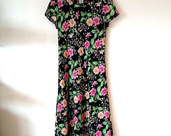 Vintage White Stag Floral Chiffon Sundress Lined Short Sleeve
