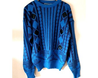 Vintage Jonathan Chase Blue Sweater With Leather Patches