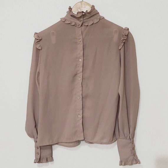Vintage caramel color high neck ruffled blouse Gem