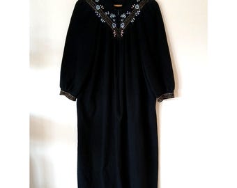 Vintage Vanity Fair Black Velour Housecoat Embroidered
