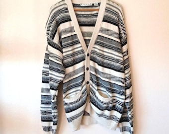 Vintage Basix Fenn Wright & Manson Gray And White Striped Cardigan LT