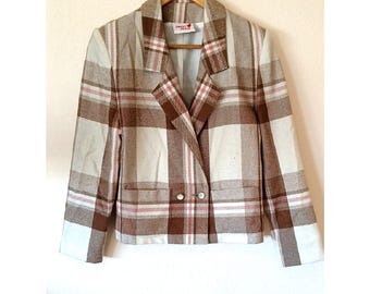 Vintage Sweet Apple Tan Plaid Blazer Wool Blend